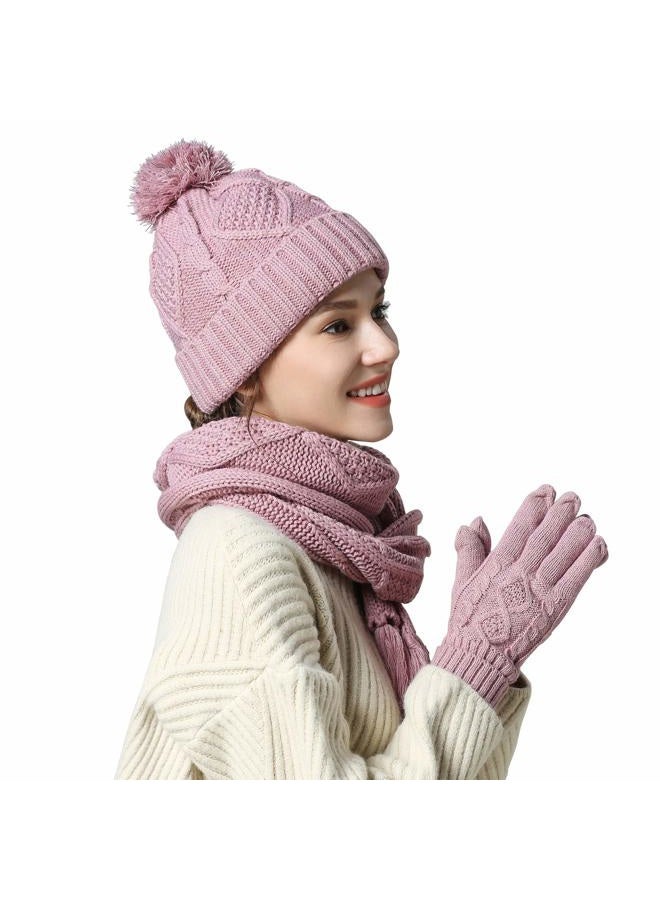 VanRolldex Warm Scarf Glove Hat Beanie Set - Cable Knit Winter Gift Set Pom Cap Touch Screen Glove Long Scarf 3 PCS Set for Women, Pink - Image 1