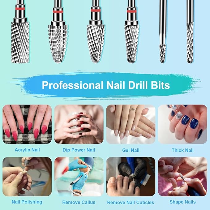 Lermende 6Pcs Nail Drill Bits Professional 332 Electric Nail Drill Bits Set for Acrylic Nails Cuticle Nail Drill Bit Quick Gel Polish Remover Manicure Pedicure Tools with Cleaning Brush Blue - Image 5