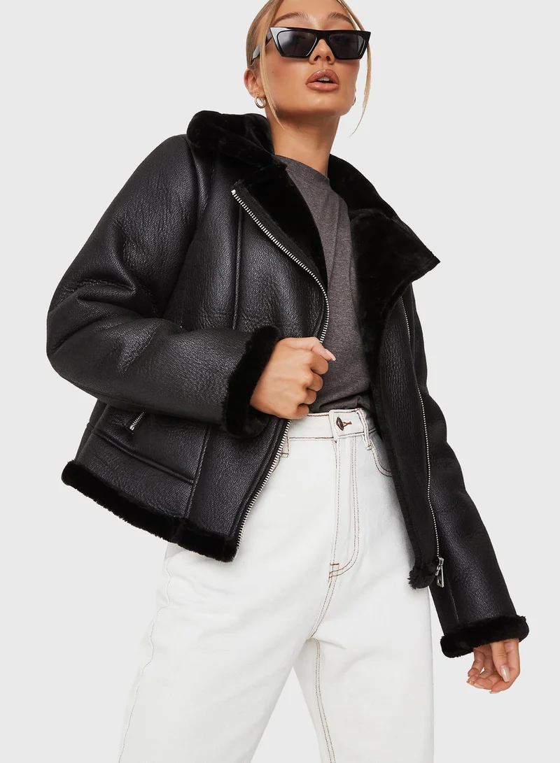 Missguided Zip Through Pu Jacket