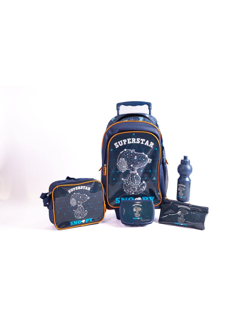 Peanuts 18" Trolley Bag School Set with Lunch Bag, Pencil Case, Water Bottle & Lunch Box – Dark Blue - Image 1