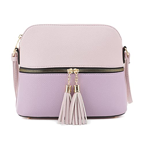 SG SUGU Lunar Lightweight Medium Dome Crossbody Bag Shoulder Bag with Double Tassels | Zipper Pocket | Adjustable Strap|Blush/Lavender - Image 1