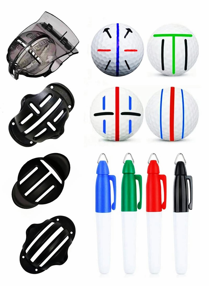 SOLARAE 8 Pcs Precision Golf Ball Marker Including 4 Golf Ball Marking Stencils and 4 Colors Golf Ball Markers, Golf Ball Line Marking Tool Kit, Alignment Identification Tool (Red + Blue + Black + Green Pen) - Image 1