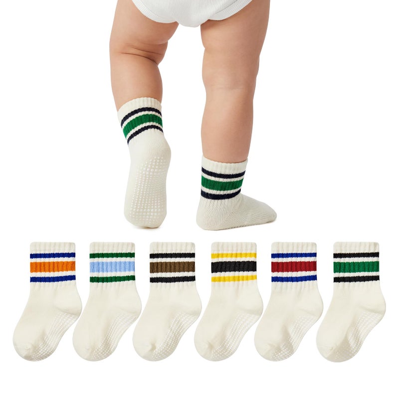 Durio Toddler Grip Socks for Boys - Soft Cotton Blend Non Slip Socks with Grip Dots, Retro Stripe Sporty Baby Crew Sock Girls 6 Pairs Mix 1 3-5T - Image 1