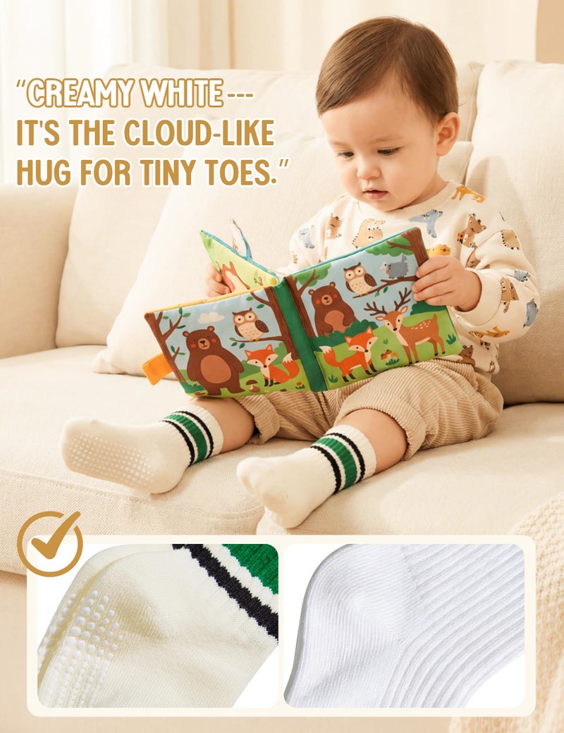 Durio Toddler Grip Socks for Boys - Soft Cotton Blend Non Slip Socks with Grip Dots, Retro Stripe Sporty Baby Crew Sock Girls 6 Pairs Mix 1 3-5T - Image 4