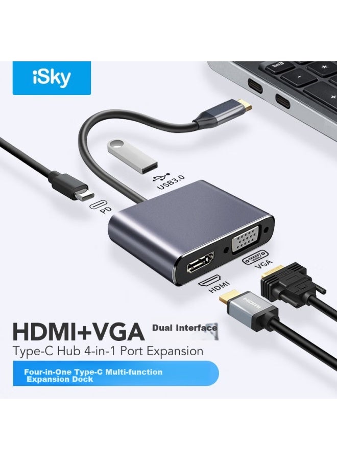 Isky Type-c To Hdmi/vga/usb3.0/pd Expansion Dock, Usb-c Converter For Apple Computers, Macbook, Ipad, Huawei Phones, Connecting To Tv Projectors - Image 1