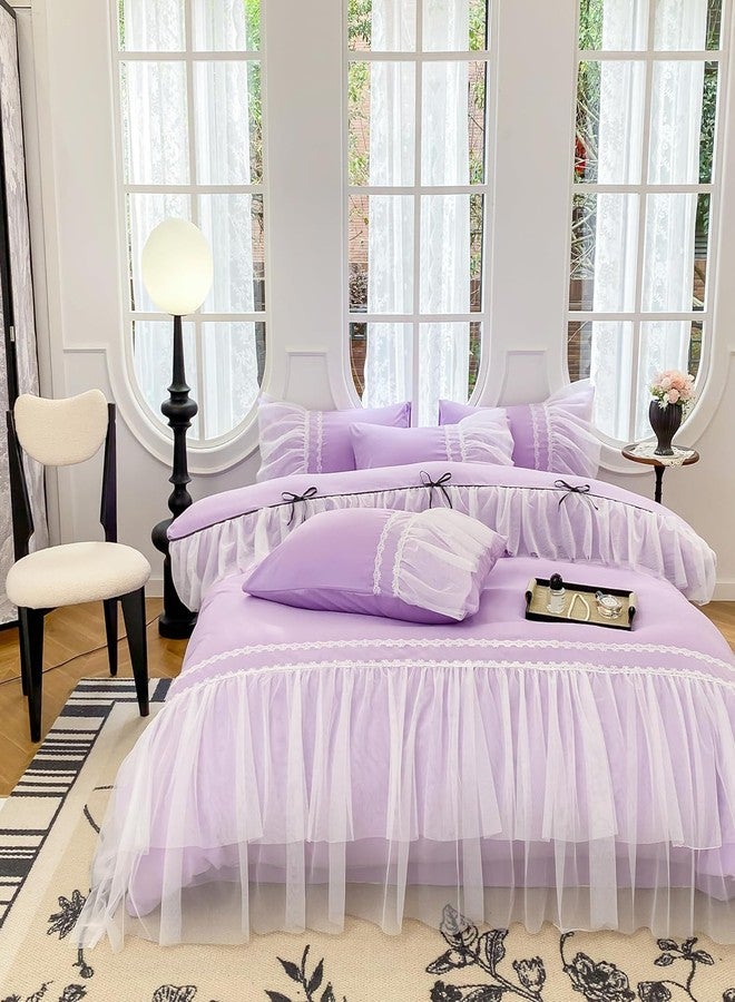 SOUKECHY Lace Ruffled Duvet Cover Set, Bow Duvet Cover, Kids Twin Princess Bedding, 100% Polyester, Lightweight Duvet Cover Set with Zipper Closure for Girls (Purple, Twin) - Image 2