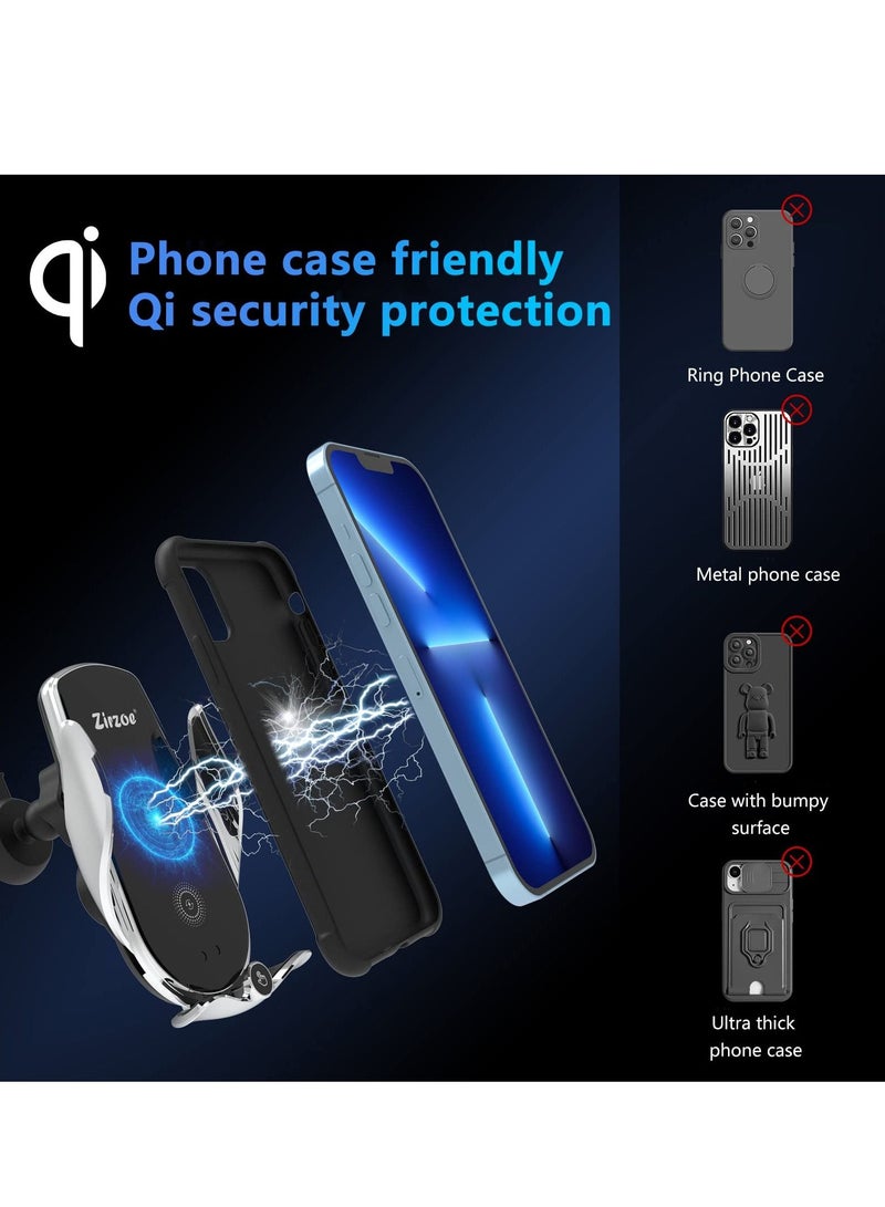 Excefore Wireless Car Charger - 15W Qi Fast Charging, Smart Sensor Air Vent Mount for iPhone and All Smartphones - One-Hand Operation, 360° Rotation - Silver - Image 4