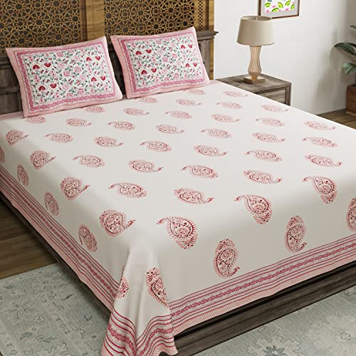 BLOCKS OF INDIA Hand Block Printed 200 TC Cotton King Size Bedsheet (Pink Paisley) - Image 1
