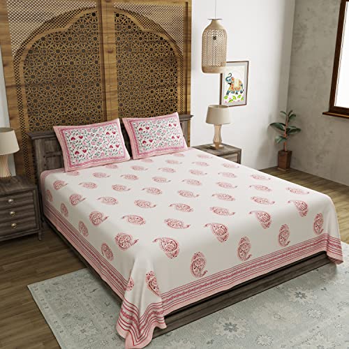BLOCKS OF INDIA Hand Block Printed 200 TC Cotton King Size Bedsheet (Pink Paisley) - Image 3
