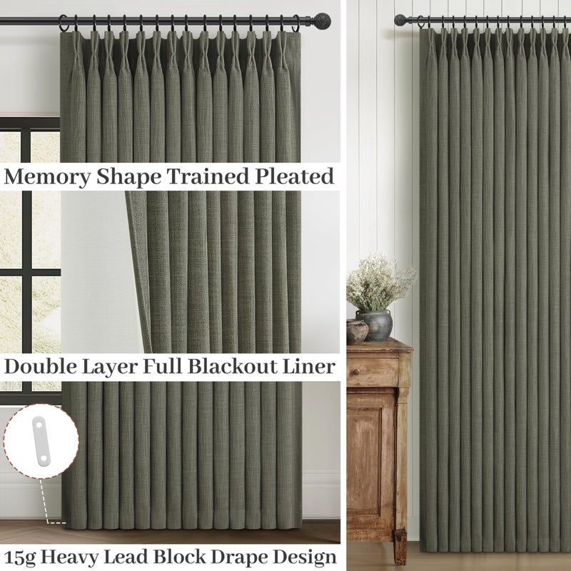 PleatedDrapes Pinch Pleated Drapes Greenish Grey Room Darkening Curtains 96 Inches Long for Living Room, Rustic Cottage Core 100% Blackout Faux Linen Double Layer Pleat Curtain 2 Panels Set Deep Depths Green Decor - Image 4