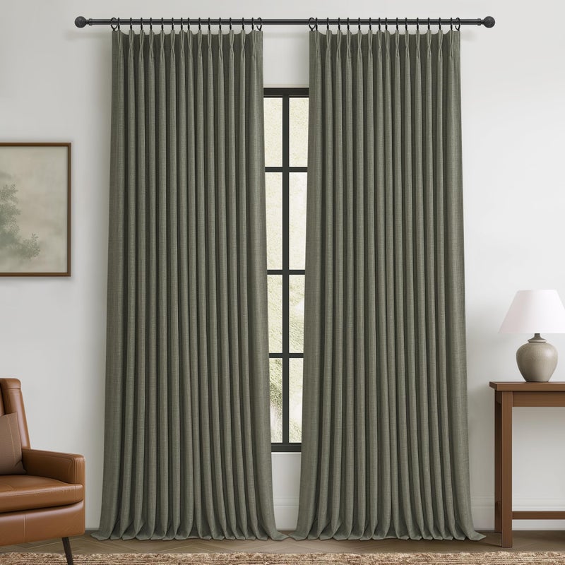 PleatedDrapes Pinch Pleated Drapes Greenish Grey Room Darkening Curtains 96 Inches Long for Living Room, Rustic Cottage Core 100% Blackout Faux Linen Double Layer Pleat Curtain 2 Panels Set Deep Depths Green Decor - Image 1
