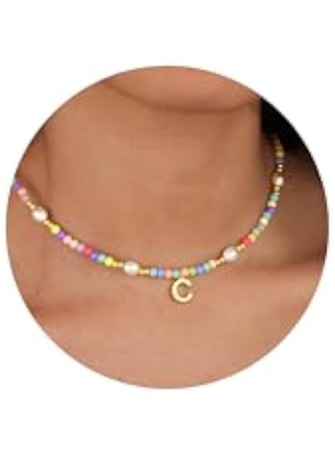 Cute Initial Necklaces for Girls Women Trendy Dainty Colorful Beaded Pearl Letter Choker Lockets Necklace for Kids Handmade 14K Gold Plated  Birthday Jewelry Gifts for Teen Girls  - Image 1