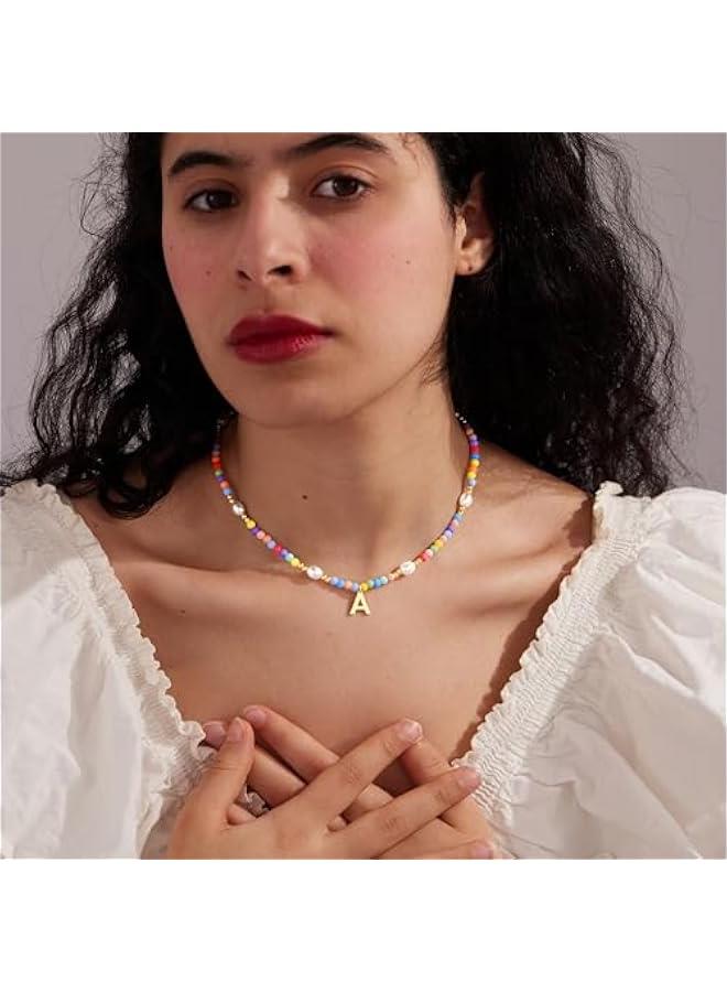 Cute Initial Necklaces for Girls Women Trendy Dainty Colorful Beaded Pearl Letter Choker Lockets Necklace for Kids Handmade 14K Gold Plated  Birthday Jewelry Gifts for Teen Girls  - Image 2