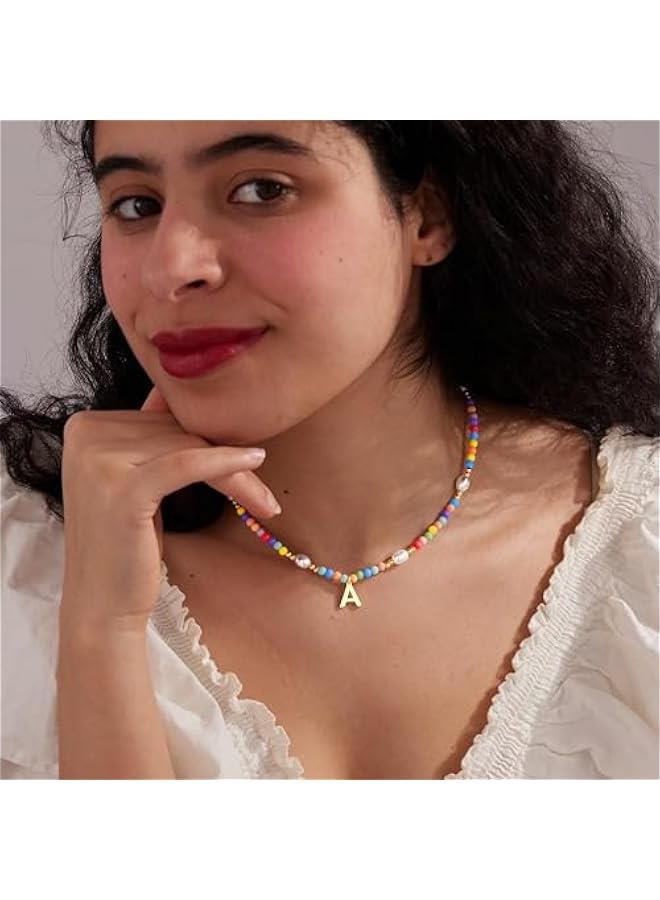 Cute Initial Necklaces for Girls Women Trendy Dainty Colorful Beaded Pearl Letter Choker Lockets Necklace for Kids Handmade 14K Gold Plated  Birthday Jewelry Gifts for Teen Girls  - Image 3