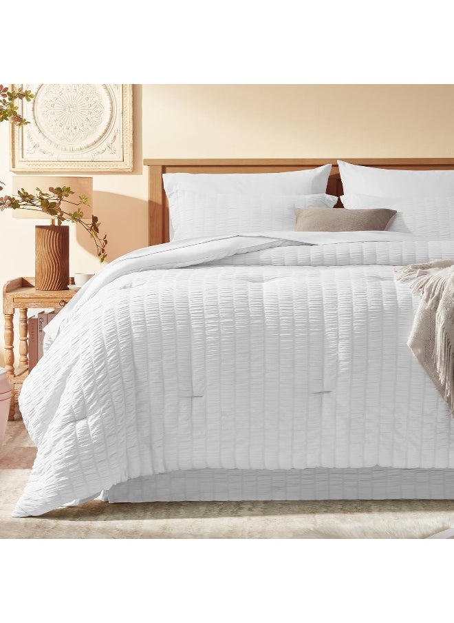 Generic - Laojin Balhen Queen Comforter Set 8 Pieces, Seersucker Bed in a Bag Queen, White Comforter with Sheets, Comforters Queen Size Bedding Sets with Comforter, Sheets, Pillowcase & Sham and Bed Skirt - Image 1