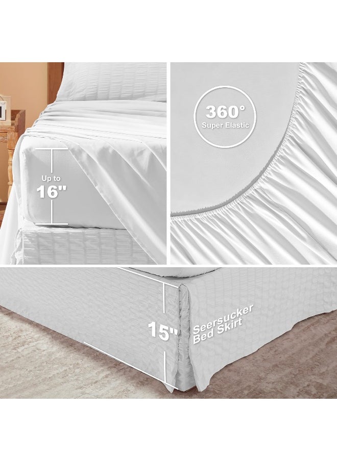 Generic - Laojin Balhen Queen Comforter Set 8 Pieces, Seersucker Bed in a Bag Queen, White Comforter with Sheets, Comforters Queen Size Bedding Sets with Comforter, Sheets, Pillowcase & Sham and Bed Skirt - Image 1