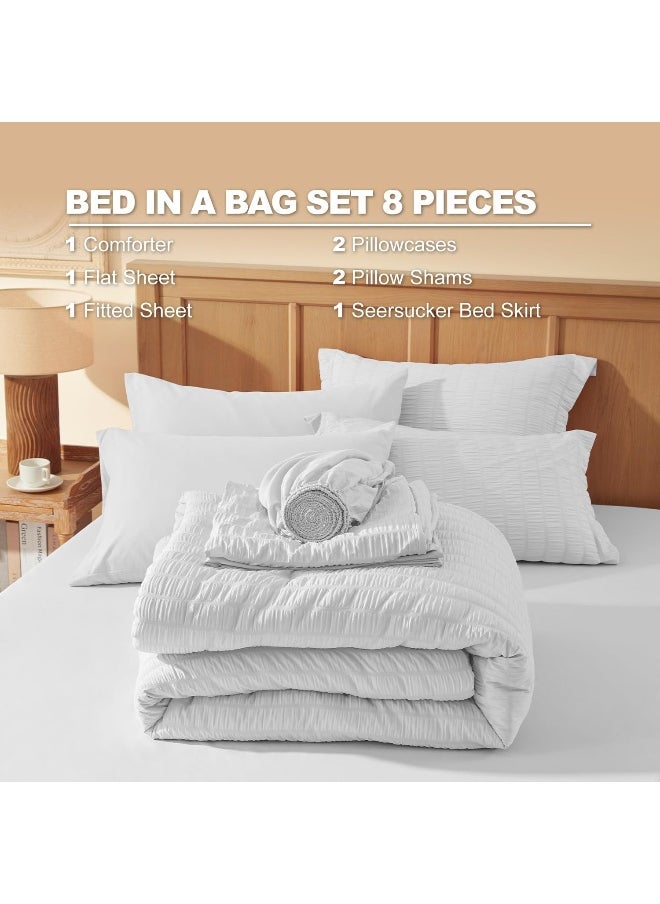 Generic - Laojin Balhen Queen Comforter Set 8 Pieces, Seersucker Bed in a Bag Queen, White Comforter with Sheets, Comforters Queen Size Bedding Sets with Comforter, Sheets, Pillowcase & Sham and Bed Skirt - Image 1