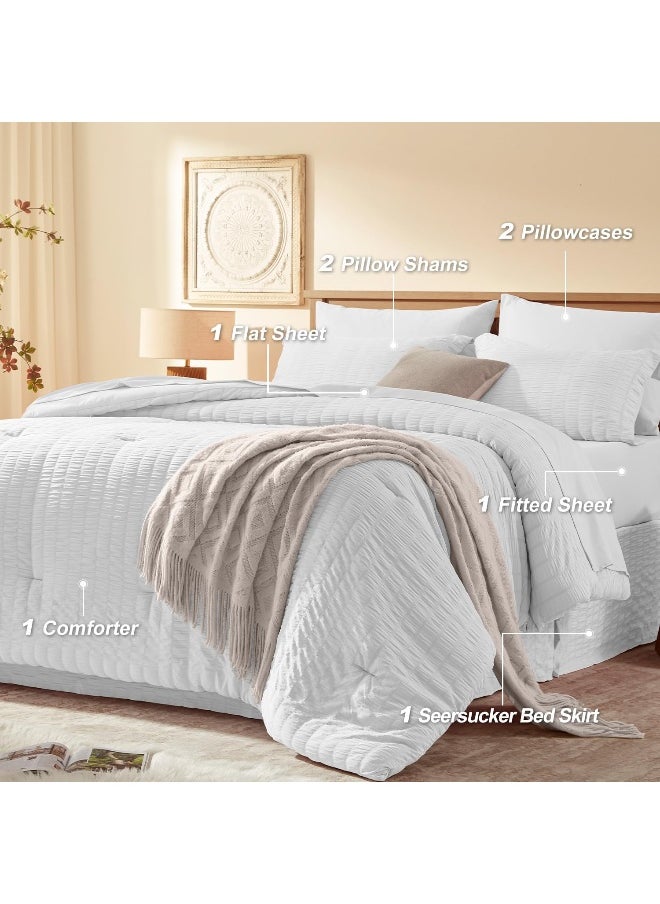 Generic - Laojin Balhen Queen Comforter Set 8 Pieces, Seersucker Bed in a Bag Queen, White Comforter with Sheets, Comforters Queen Size Bedding Sets with Comforter, Sheets, Pillowcase & Sham and Bed Skirt - Image 1