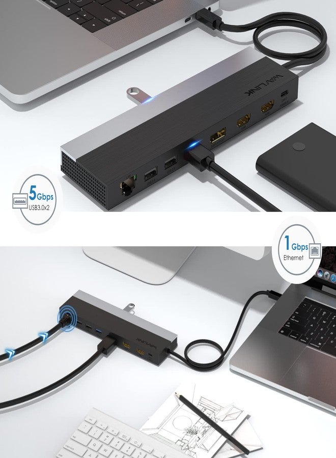 واف لينك محطة إرساء WAVLINK USB-C، محطة إرساء USB-C تدعم ثلاث شاشات مع شحن سريع بقدرة 85 واط، موزع USB من النوع C مزود بمنفذ DisplayPort، ومنفذ HDMI، ومنفذ USB 2.0/3.0، ومنفذ إيثرنت جيجابت، وفتحة بطاقة SD/TF، ومقبس صوت لأنظمة Windows وMac - Image 5