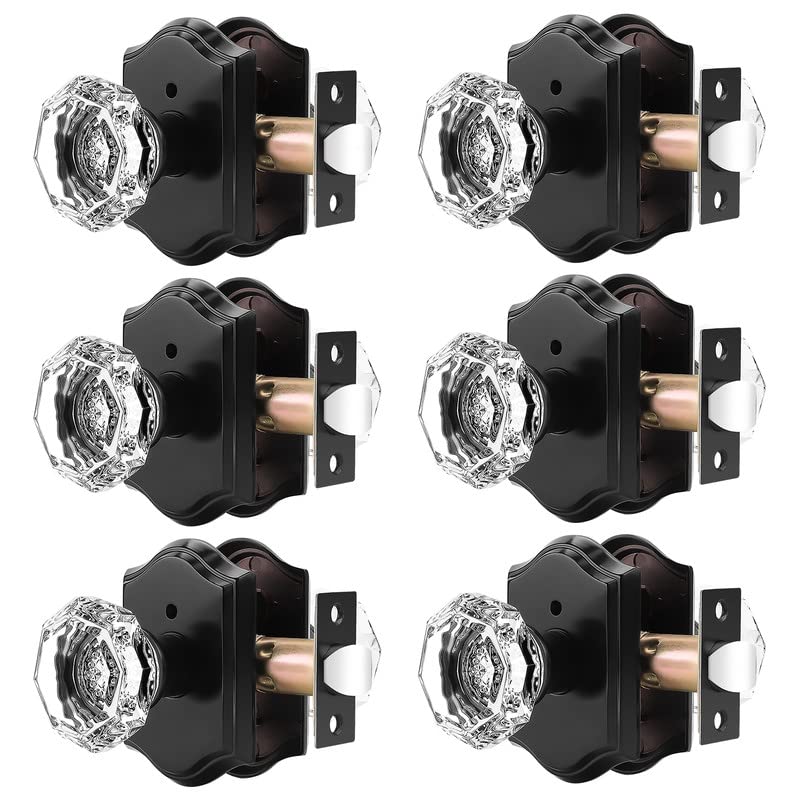 Orger Octagonal Crystal Door Knobs 6 Pack, Interior Privacy Door Handle for Bed/Bathroom with Pin Lock Inside, Black Vintage Rosette Door Knob with Heavy Duty Genuine Glass - Image 1