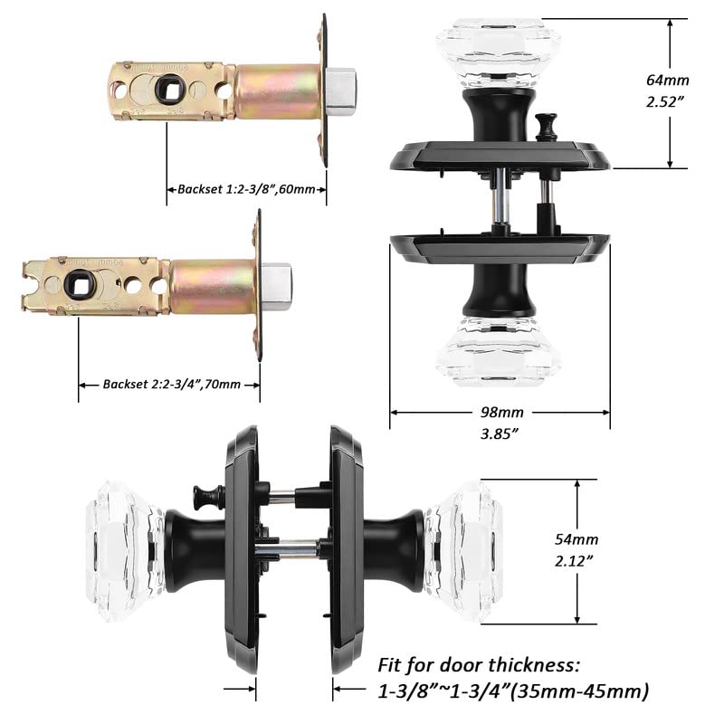 Orger Octagonal Crystal Door Knobs 6 Pack, Interior Privacy Door Handle for Bed/Bathroom with Pin Lock Inside, Black Vintage Rosette Door Knob with Heavy Duty Genuine Glass - Image 4