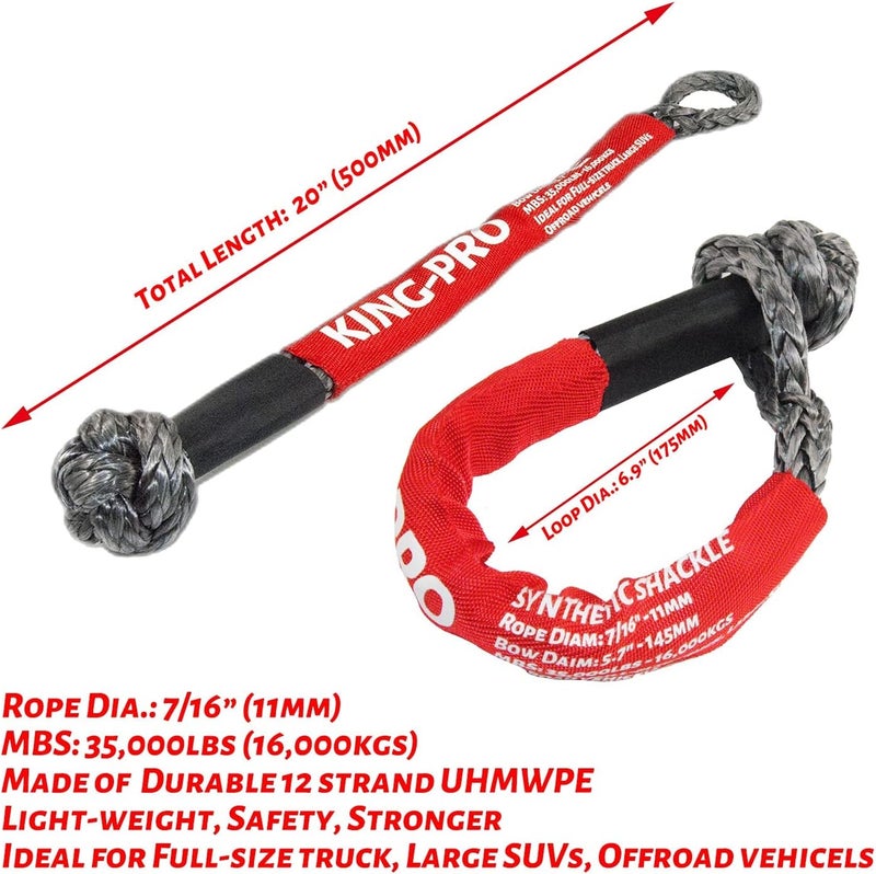 KING-PRO Synthetic Shackle 7/16"x20" Soft Shackle 35,000lbs Breaking Strength Recovery Soft Shackle with Protective Sleeves for Full-Size Truck Large SUVs Offroad Vehicels 2-Pack (Red-Gray) - Image 3