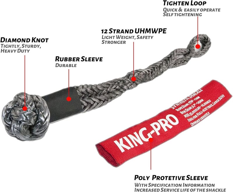 KING-PRO Synthetic Shackle 7/16"x20" Soft Shackle 35,000lbs Breaking Strength Recovery Soft Shackle with Protective Sleeves for Full-Size Truck Large SUVs Offroad Vehicels 2-Pack (Red-Gray) - Image 2