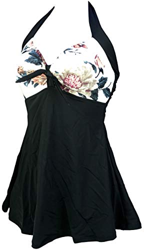 COCOSHIP Black & Cream White Carnation Floral Women's Sailor Swimsuit Retro One Piece Skirtini Cover Up Cruise Bath Suit Swimdress L(US10) - Image 2