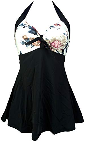 COCOSHIP Black & Cream White Carnation Floral Women's Sailor Swimsuit Retro One Piece Skirtini Cover Up Cruise Bath Suit Swimdress L(US10) - Image 1