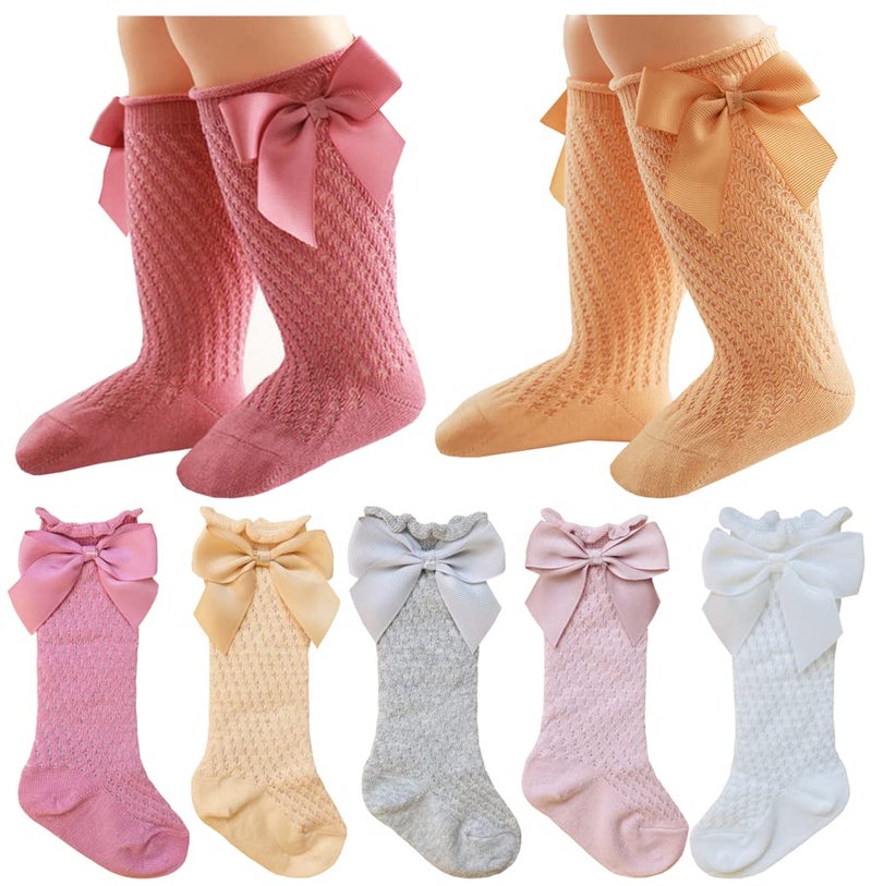 QandSweet Baby Girl KneeHigh Socks Toddlers Bow Stockings Newborn Infant Sock 012Months Hollow5 Pairs