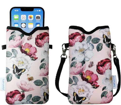 Tainada Women Neoprene Cell Phone Sleeve Pouch Case Bag w/Crossbody Strap/Neck Lanyard for iPhone 17/16/15 Pro Max, Air, 16/15 Plus, 16e; Samsung S25, S24, A56, Google Pixel 10, 9a (Pink Floral) - Image 1