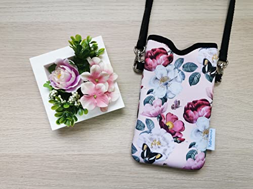 Tainada Women Neoprene Cell Phone Sleeve Pouch Case Bag w/Crossbody Strap/Neck Lanyard for iPhone 17/16/15 Pro Max, Air, 16/15 Plus, 16e; Samsung S25, S24, A56, Google Pixel 10, 9a (Pink Floral) - Image 3