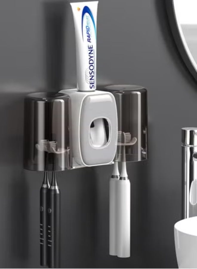 KIIUMI Wall Mounted Toothbrush Holder Set,Bathroom Toothbrush Holder with 2 Classification Storage Compartments,Automatic Toothpaste Squeezer Storage Rack ,No Drill Design for Kids and Family UseWall Mounted Toothbrush Holder Set,Bathroom Toothbrush Holder with 2 Classification Storage Compartments,Automatic Toothpaste Squeezer Storage Rack ,No Drill Design for Kids and Family Use - Image 1