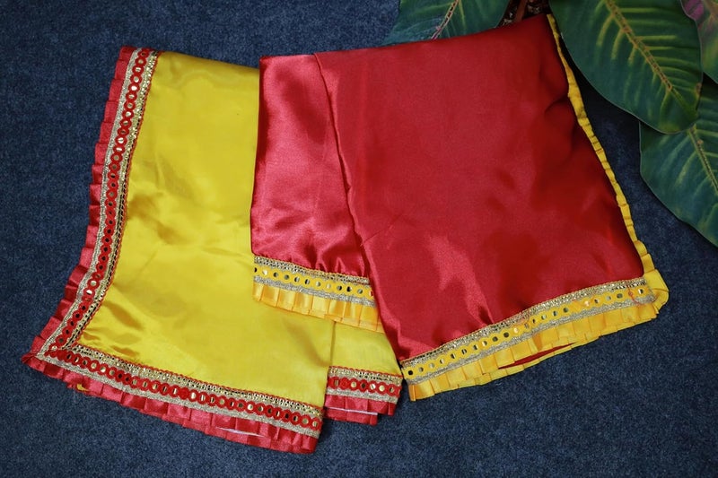HKD SALES SILK Altar Cloth Kapda Assan Asan Pooja Cloth for Mandir Decoration Pooja Aasan pooja cloth for table 1 meter red 1 meter yellow Aasan for Puja and Mandir Meter Red Yellow - Image 1