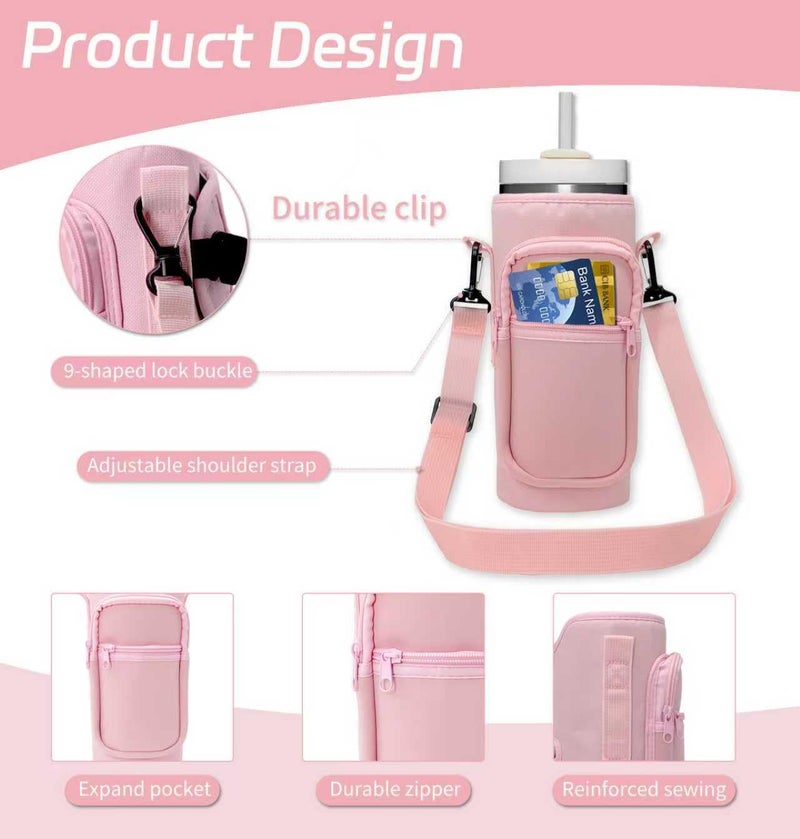 Doacpcr Water Bottle Carrier Bag with Phone Pocket for Stanley 40 oz Tumbler Compatible with Handle/Straight Bottles, Water Bottle Holder with Adjustable Strap, Stanley Cup Accessories 40 oz (Pink) - Image 3