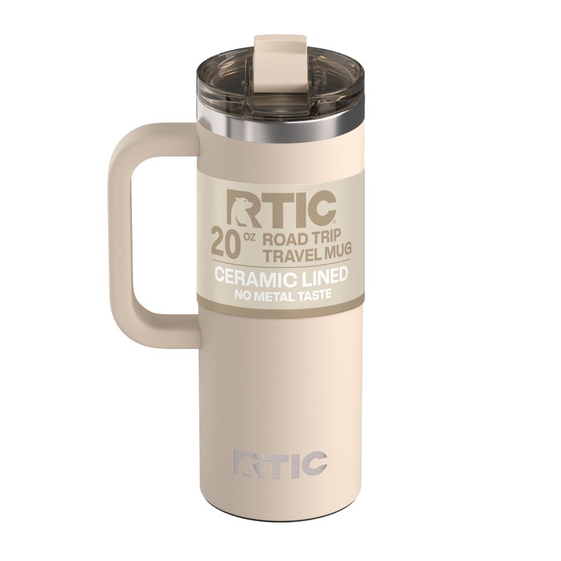 RTIC 20oz Road Trip Travel Mug with Lid and Handle, Ceramic Lined, Insulated, Stainless Steel, Metal, Double Wall Vacuum-Insulation, Portable Coffee, Tea Cup for Hot and Cold Drink, Beach - Image 1