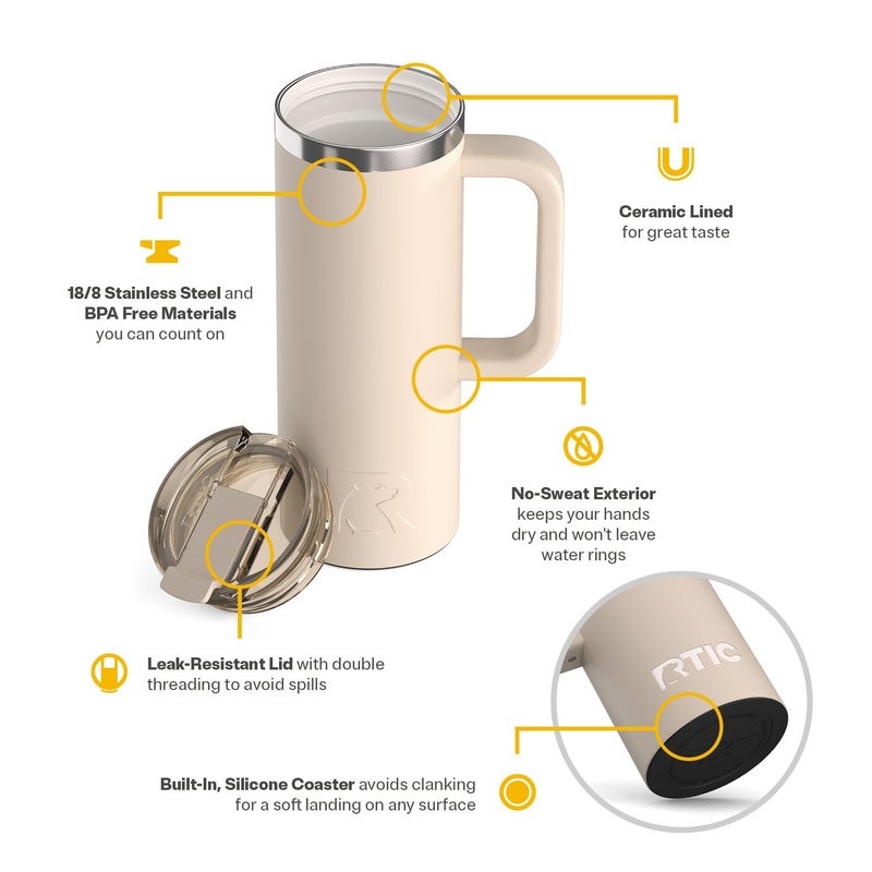 RTIC 20oz Road Trip Travel Mug with Lid and Handle, Ceramic Lined, Insulated, Stainless Steel, Metal, Double Wall Vacuum-Insulation, Portable Coffee, Tea Cup for Hot and Cold Drink, Beach - Image 3