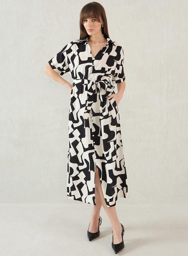 Femmella Abstract Print Collared Shirt Midi Dress with Belt Detail - Image 1