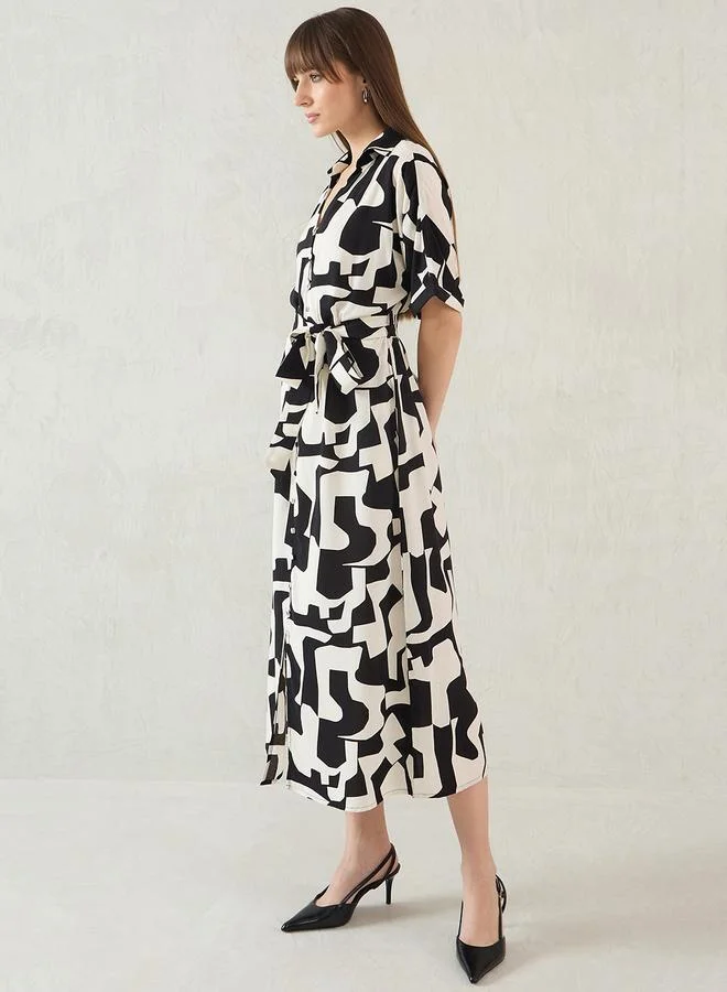 Femmella Femmella Abstract Print Collared Shirt Midi Dress with Belt Detail