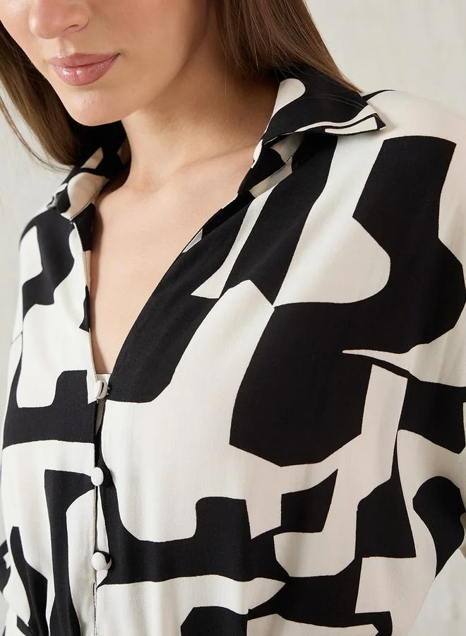 Femmella Femmella Abstract Print Collared Shirt Midi Dress with Belt Detail