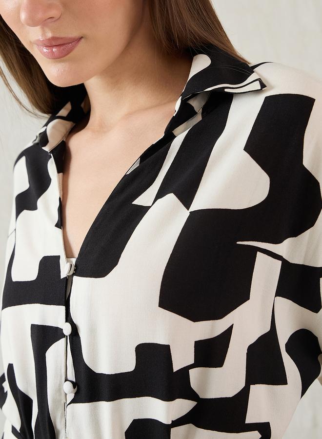 Femmella Abstract Print Collared Shirt Midi Dress with Belt Detail - Image 4