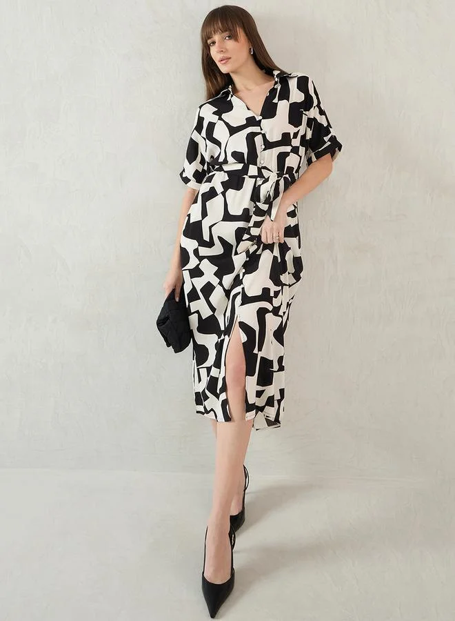 Femmella Femmella Abstract Print Collared Shirt Midi Dress with Belt Detail