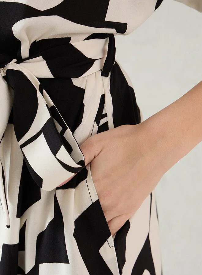 Femmella Femmella Abstract Print Collared Shirt Midi Dress with Belt Detail