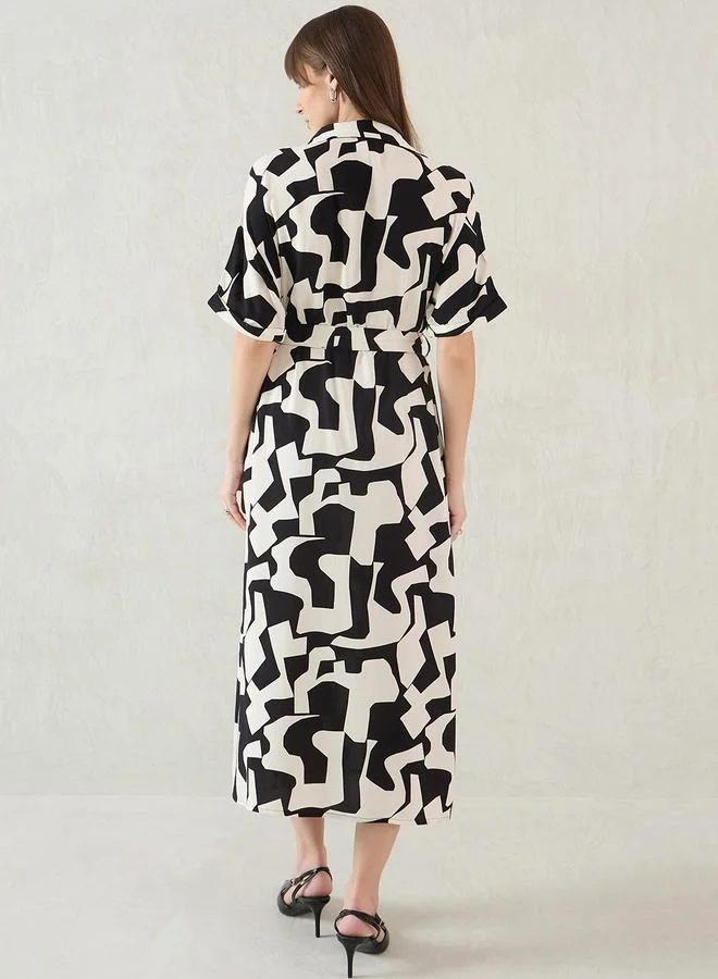 فيميلا Femmella Abstract Print Collared Shirt Midi Dress with Belt Detail