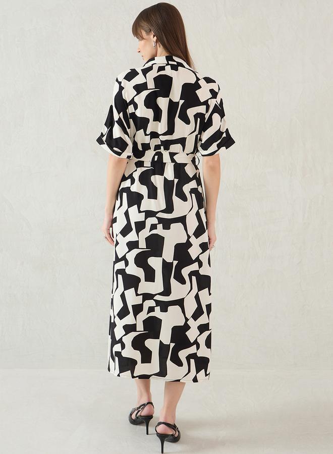 Femmella Abstract Print Collared Shirt Midi Dress with Belt Detail - Image 2
