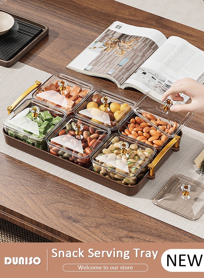 DUNISO Snack Serving Tray with Lid 6 Clear Candy and Nut Serving Container set with Metal Rack,Snack Serving Platter Plastic Appetizer Platter Relish Storage Organizer Plate Food Display Bowls for Vegetables Candy Fruit Dips - Image 1