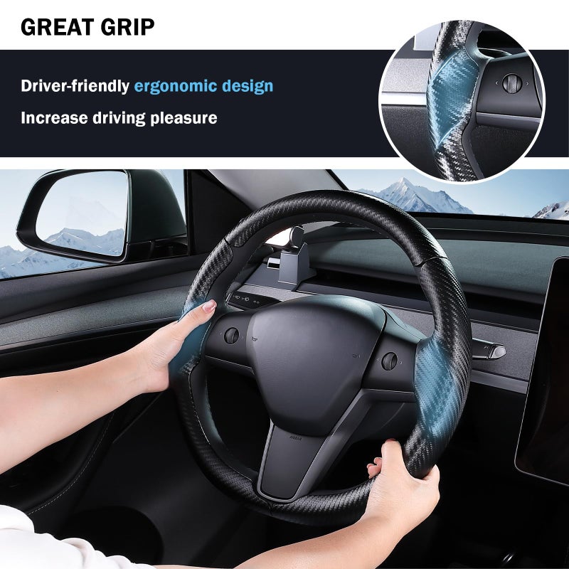 Aimato Steering Wheel Cover for Tesla Model 3 (2017-2023) / Model Y (2020-2024),Anti-Slip,Comfortable Grip, Breathable,Customized for Tesla Model 3/Y Accessories,Matte Black - Image 4