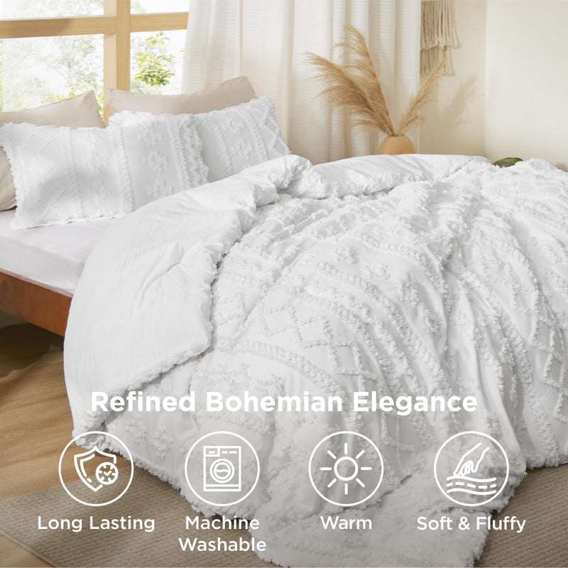 Bedsure Tufted Boho Comforter Set Oversized King - Bright White Boho Bed Set, GentleSoftâ„¢ 3 Pieces Farmhouse Shabby Chic Embroidery Bedding, Gifts for Woman, Soft Jacquard Comforter for All Seasons - Image 4