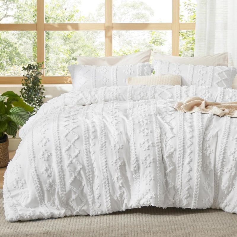 Bedsure Tufted Boho Comforter Set Oversized King - Bright White Boho Bed Set, GentleSoftâ„¢ 3 Pieces Farmhouse Shabby Chic Embroidery Bedding, Gifts for Woman, Soft Jacquard Comforter for All Seasons - Image 1