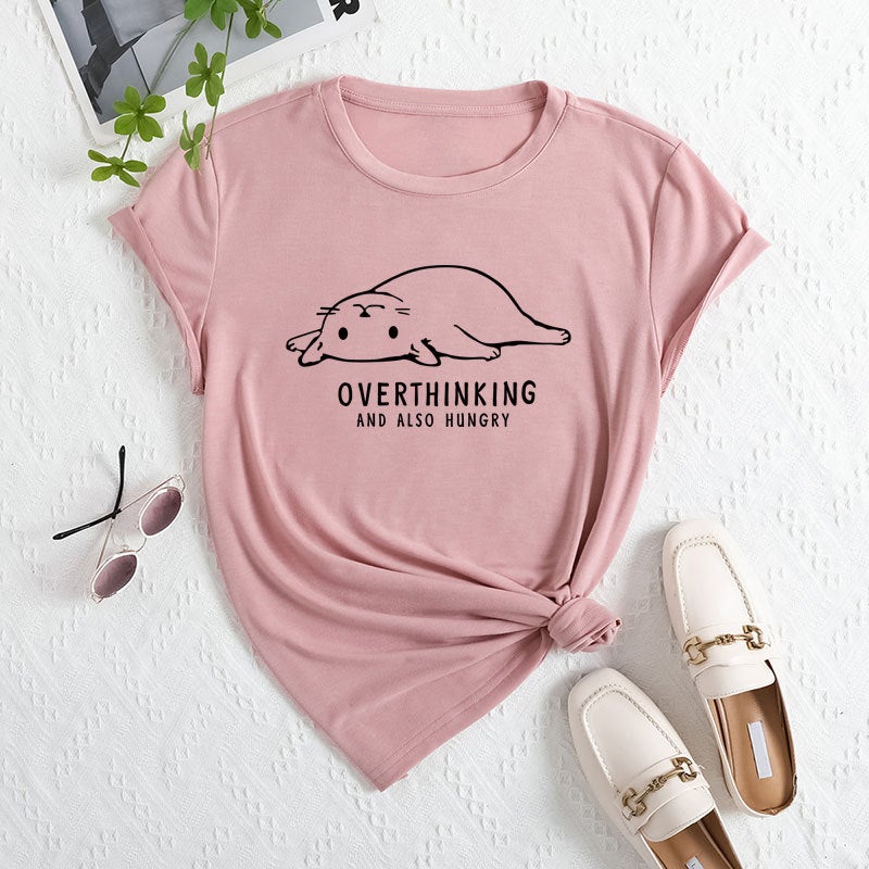 2025 Export Womens Independent Station Tem Clothing Cross-Border E-Commerce Ebay Amazon Cat Print Polyester T-Shirt Lotus color 